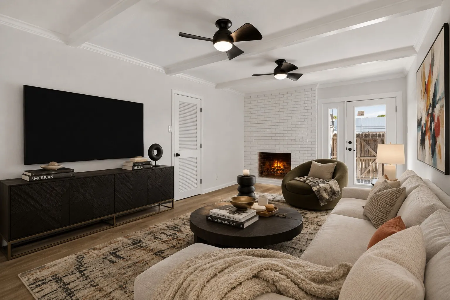 Virtually staged living room leading to patio