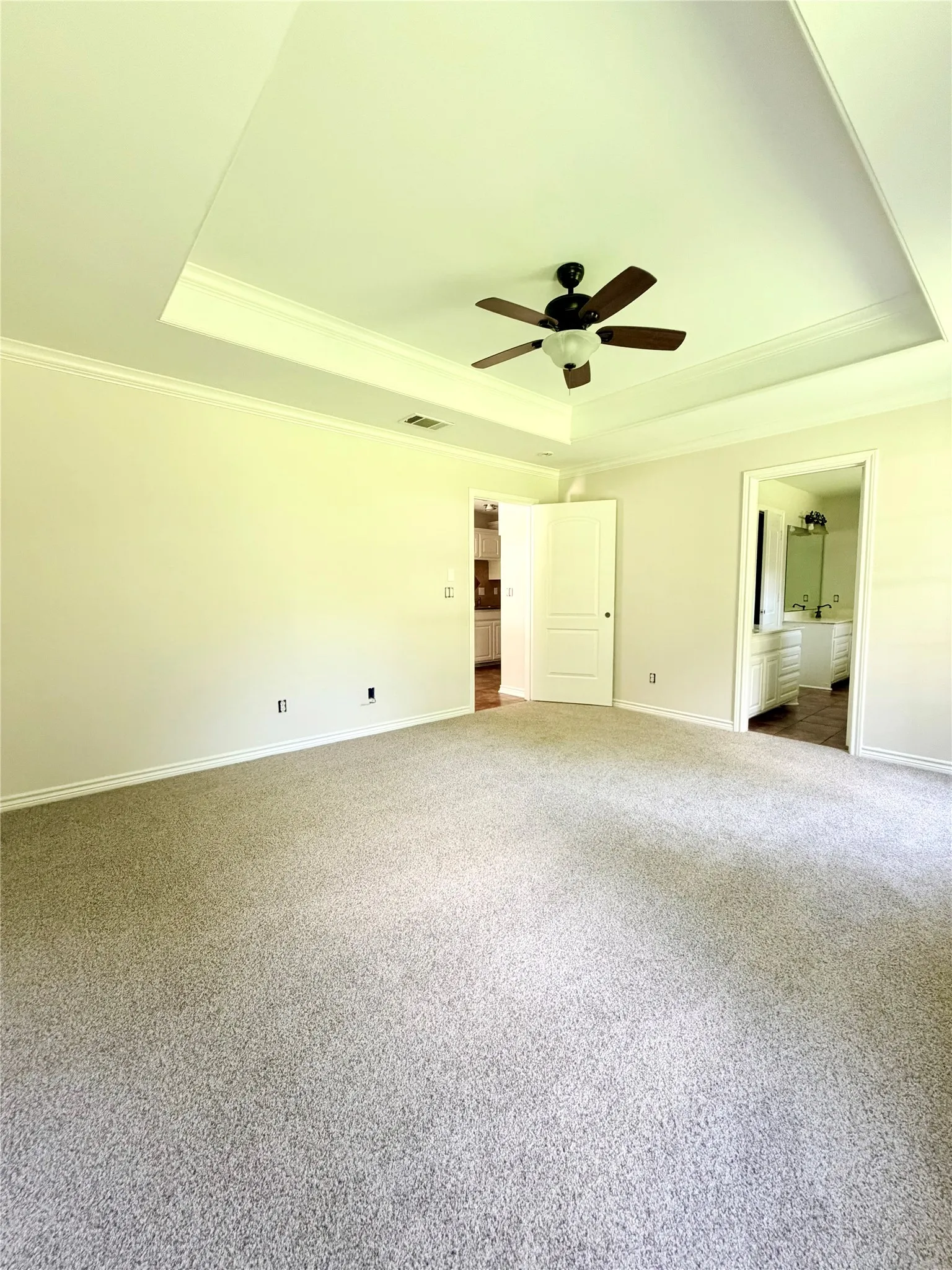 Tray ceiling with crown molding, ceiling fan with light fixture, light-colored carpeting, and neutral wall tones