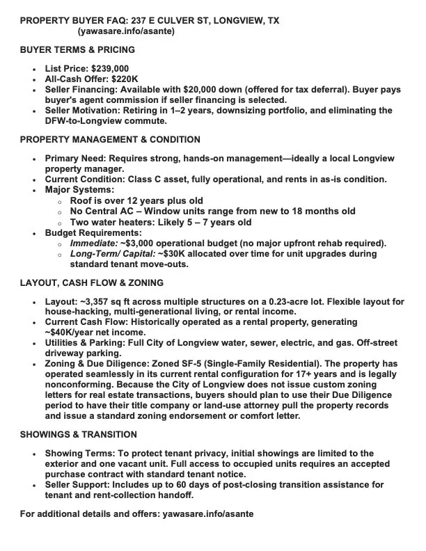 Property Buyer FAQ. Detailing buyer terms, property condition, financial aspects, and showing procedures for the property