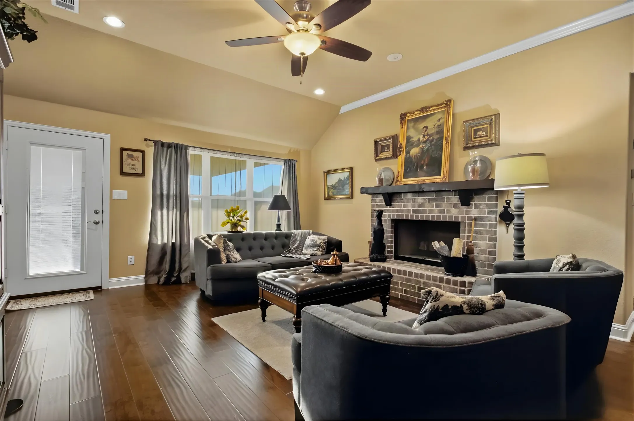 High ceilings and bright natural light in the living room seem to say, "Come in and sit a while."