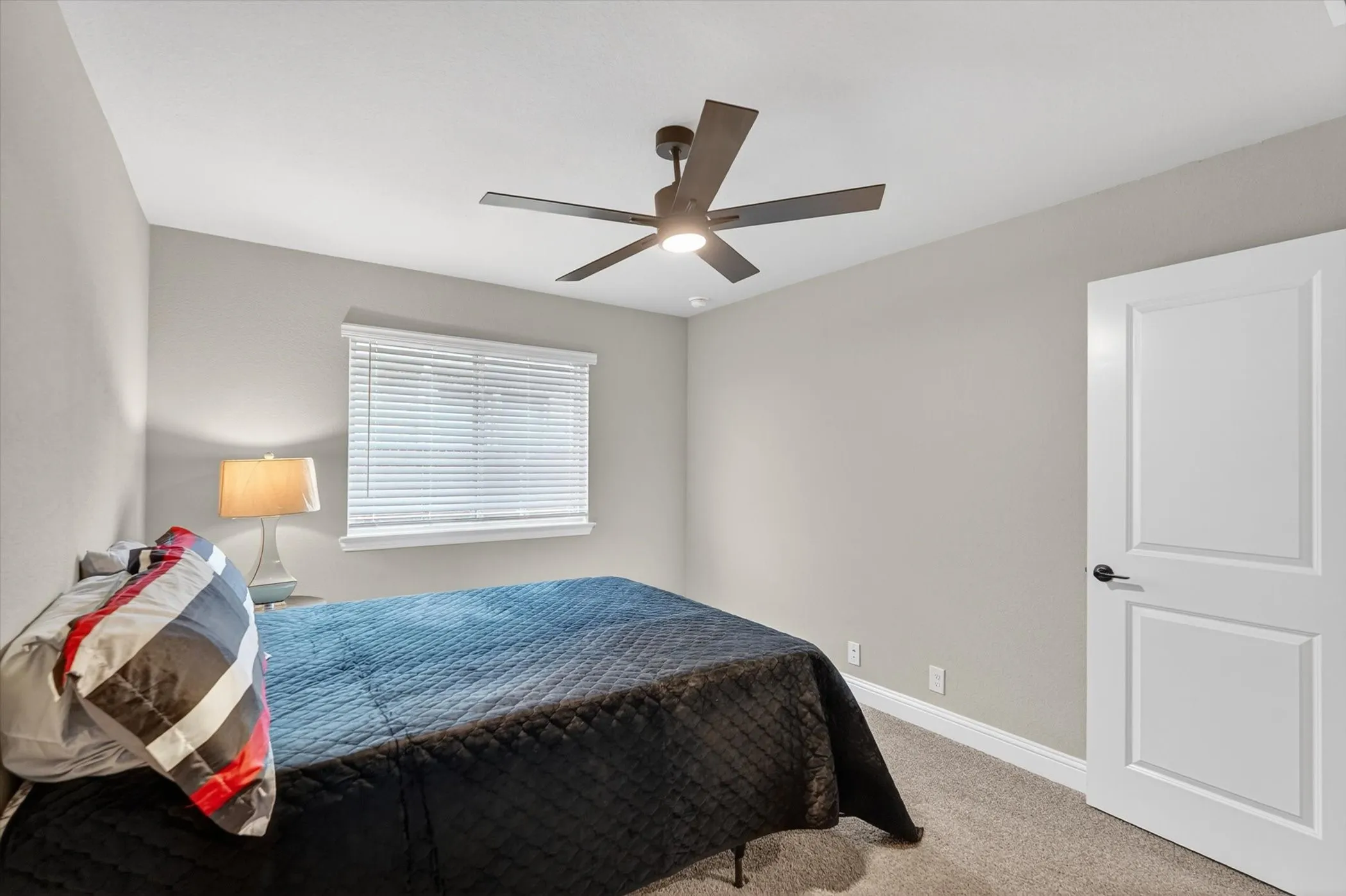 Neutral-toned walls complement the textured carpet flooring