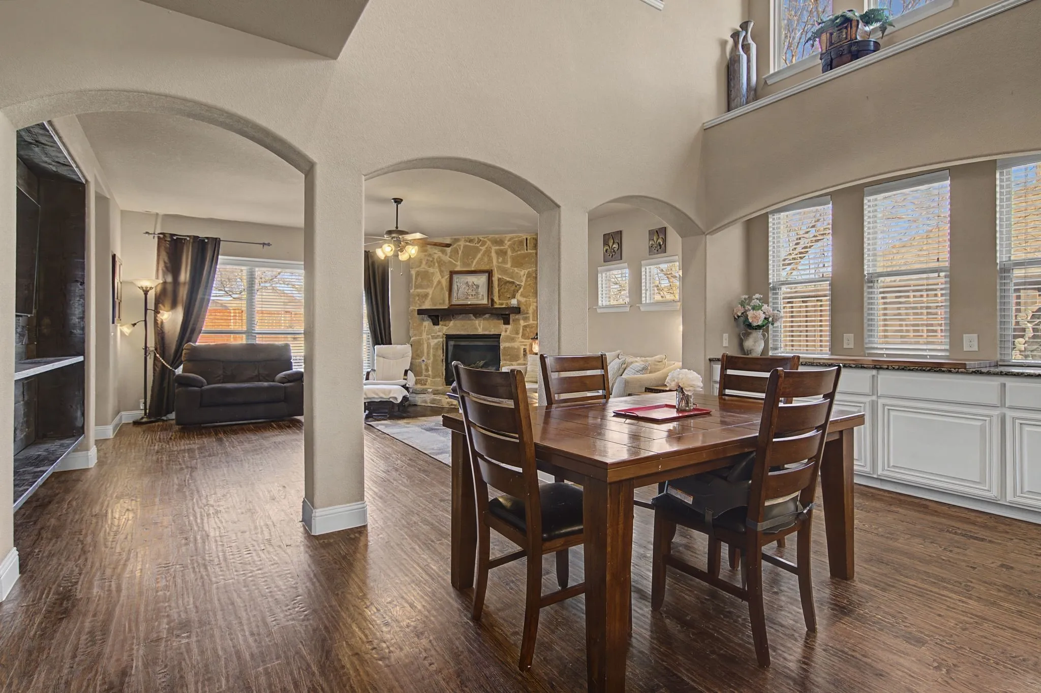 Just outside those dining area windows is a terrific view of the Koi pond and water feature.  Your view out all these windows is sure to please.