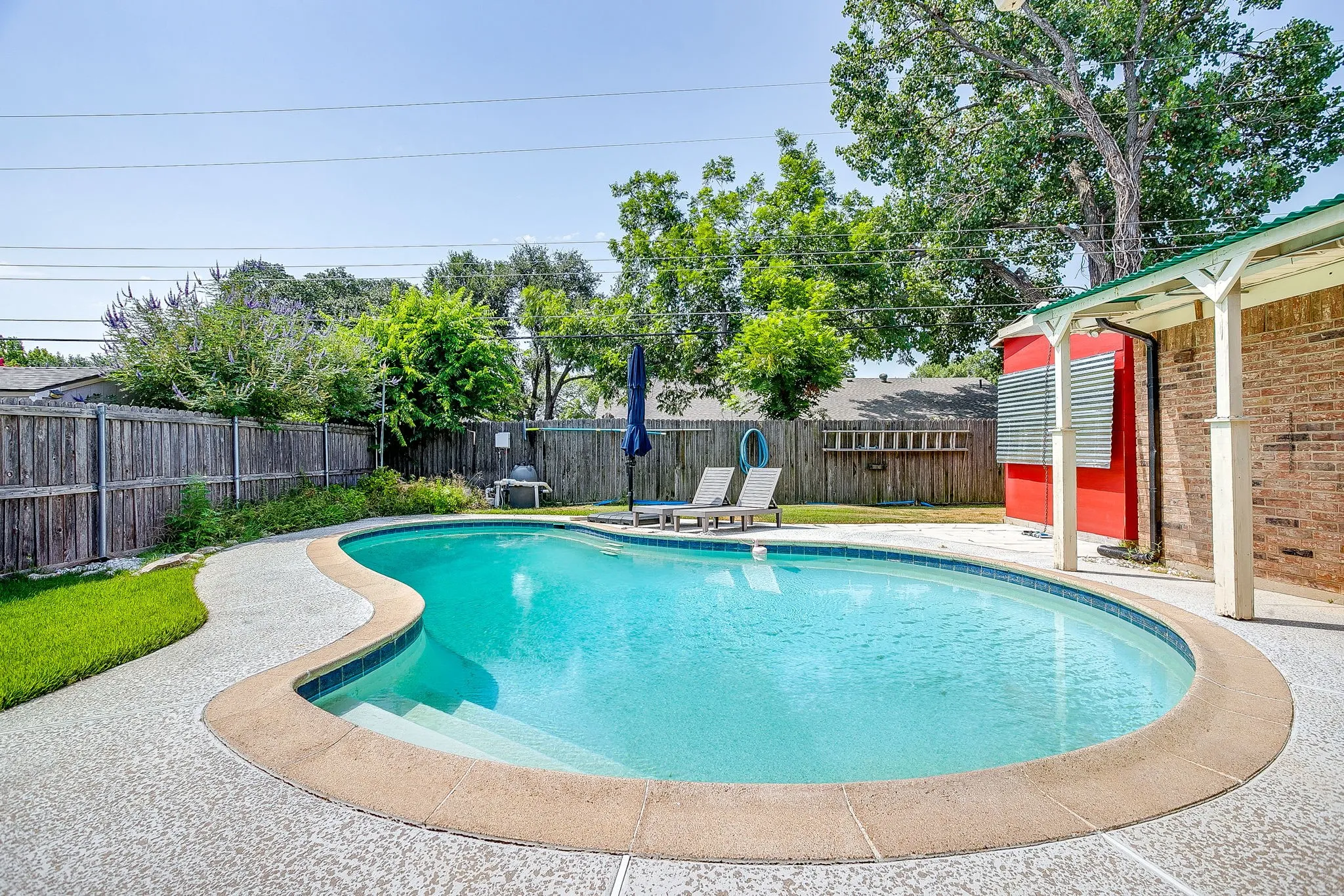 Private backyard with a freeform swimming pool, integrated steps, and a concrete surround
