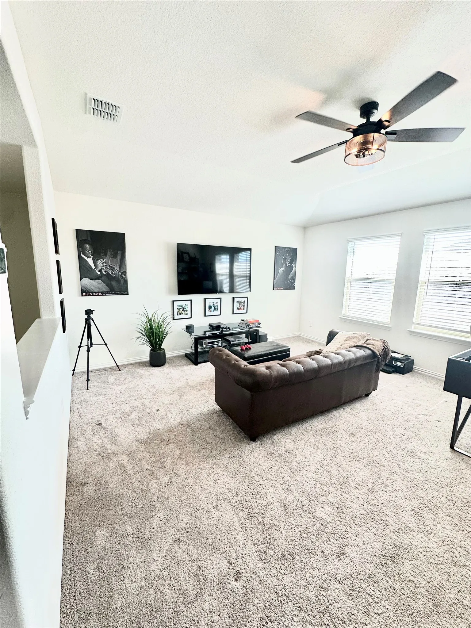A true bonus living space, the upstairs game room combines comfort and versatility with plush carpeting, a modern ceiling fan, sun-filled windows, and distinctive built-in alcoves perfect for showcasing personal décor and treasured collections.