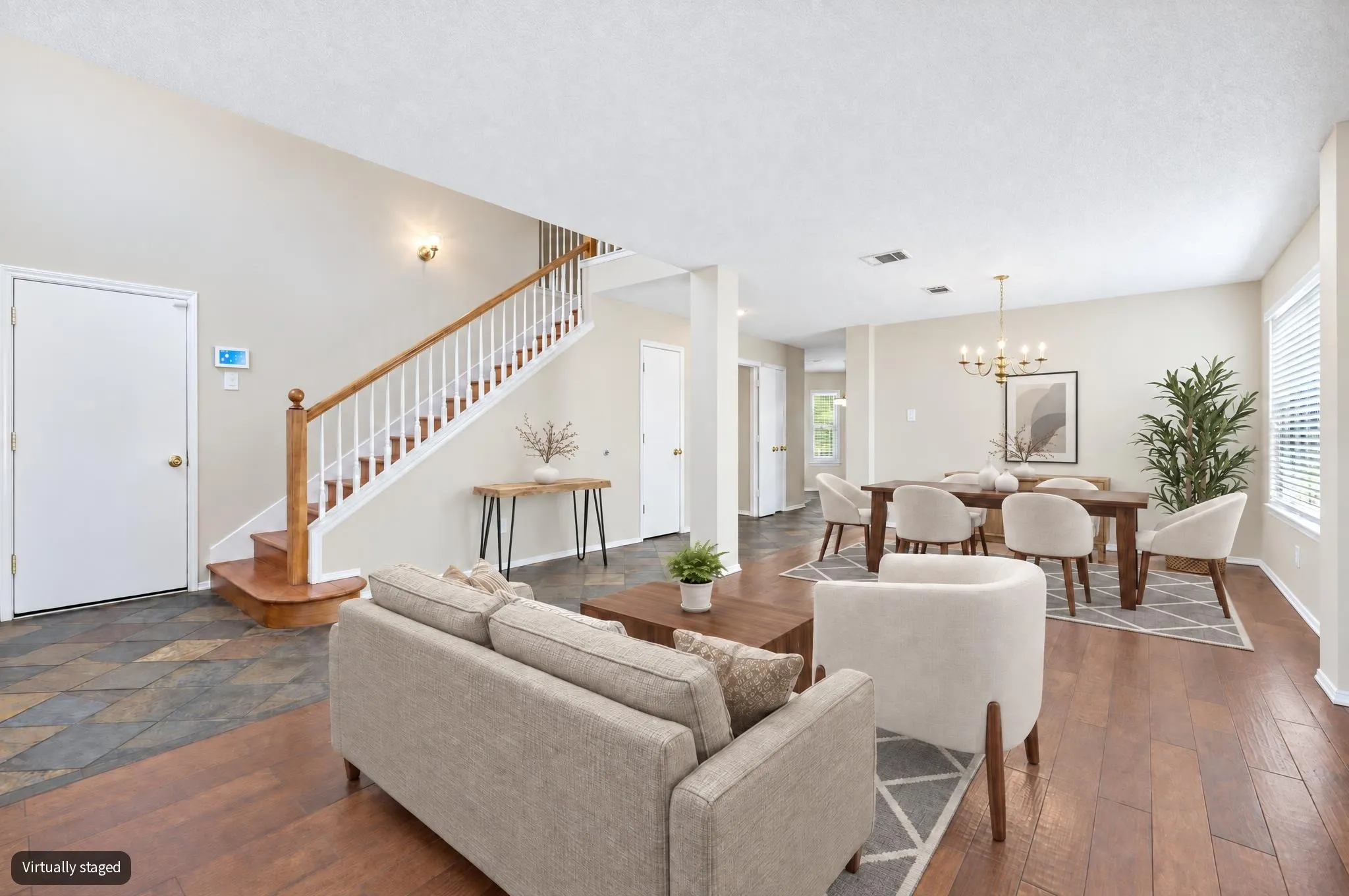 Virtually staged to show space flexibility.