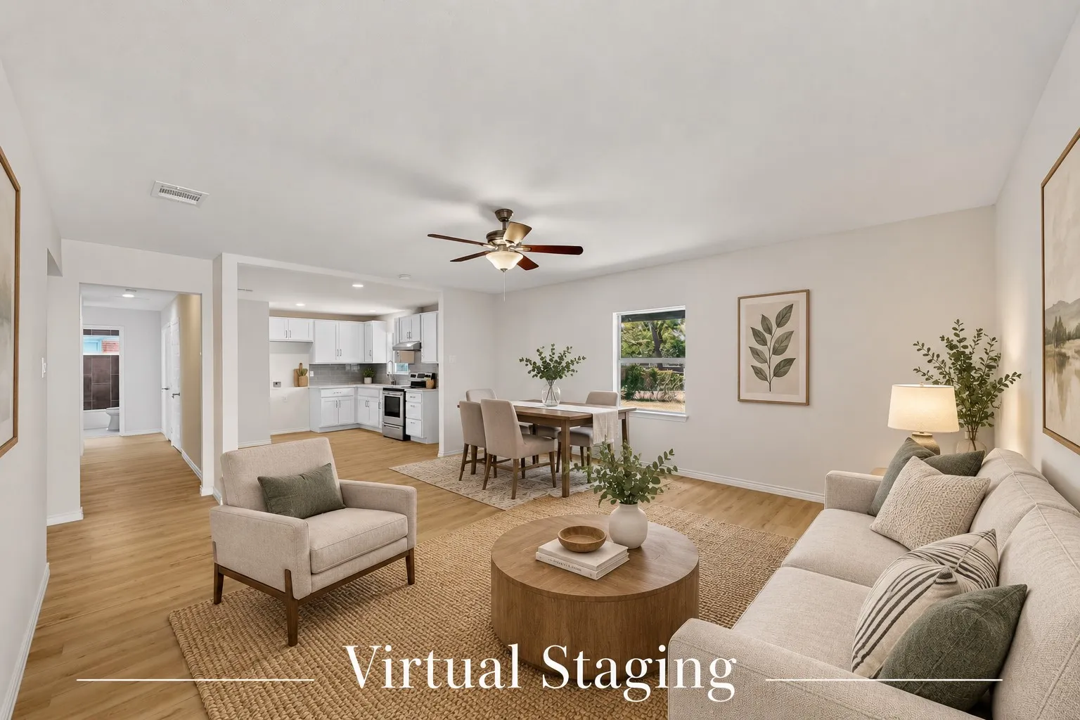 Virtually staged full Living Room and Dining Room space.