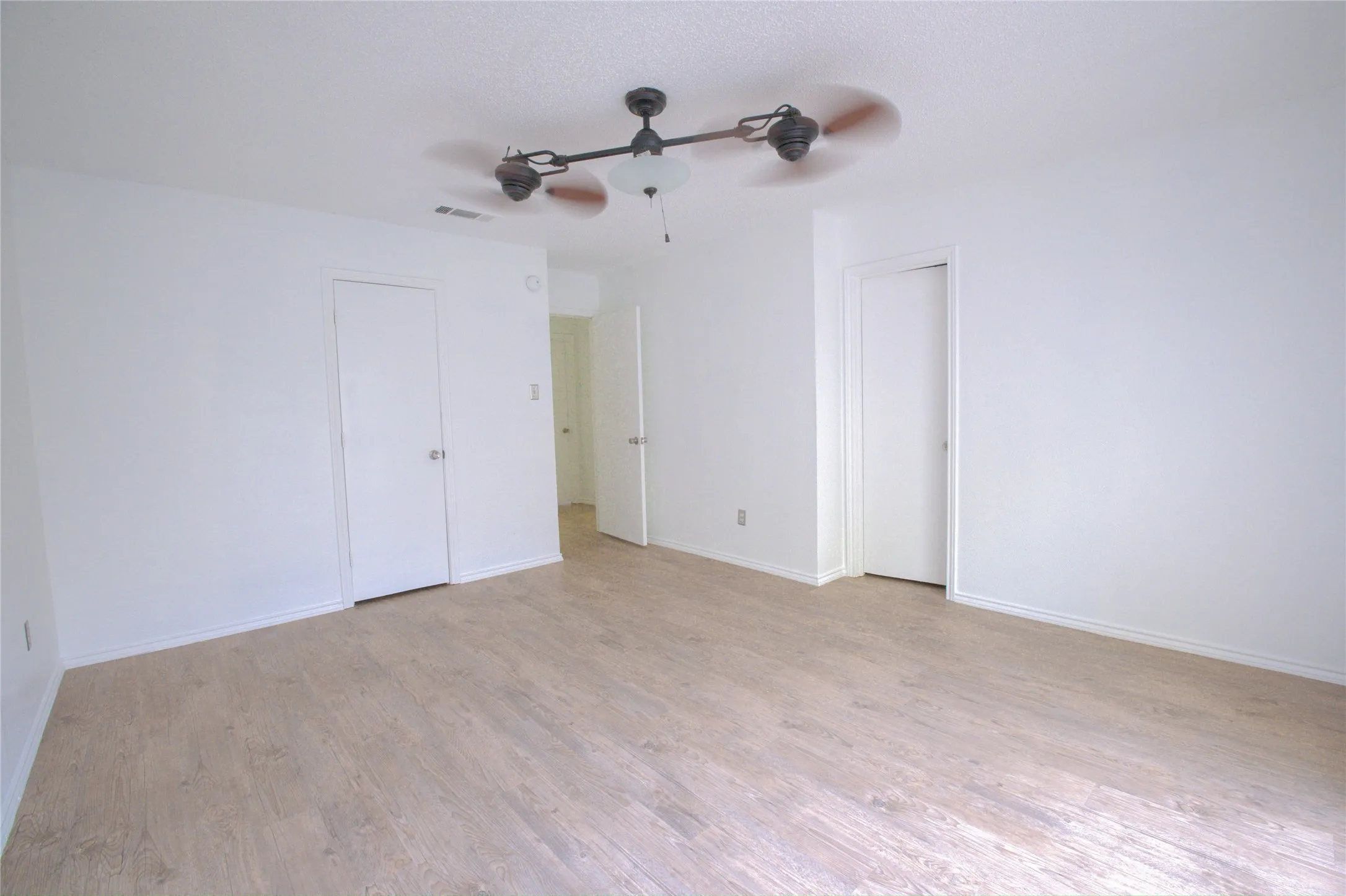 Spacious room featuring light wood-finish flooring, white painted walls, and multiple white panel doors