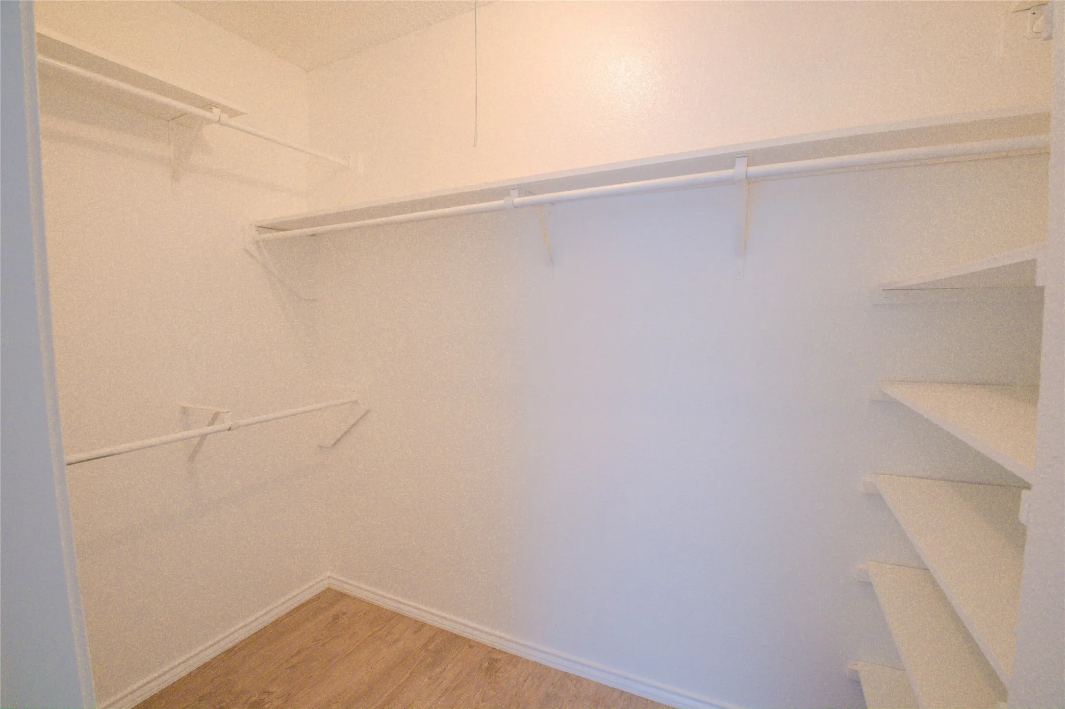 Walk-in closet featuring white wall-mounted shelving, multiple hanging rods, and wood-finish flooring