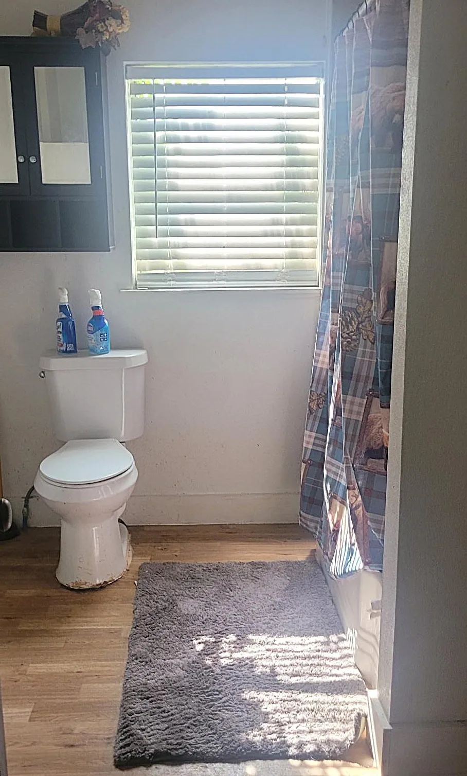 Wood-finish flooring with a white toilet and a window with blinds