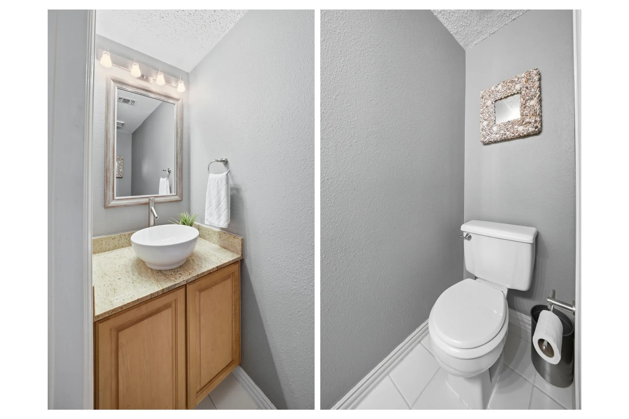 Stylish half-bath with a vessel sink, granite countertop, wood cabinetry, and a decorative framed mirror.