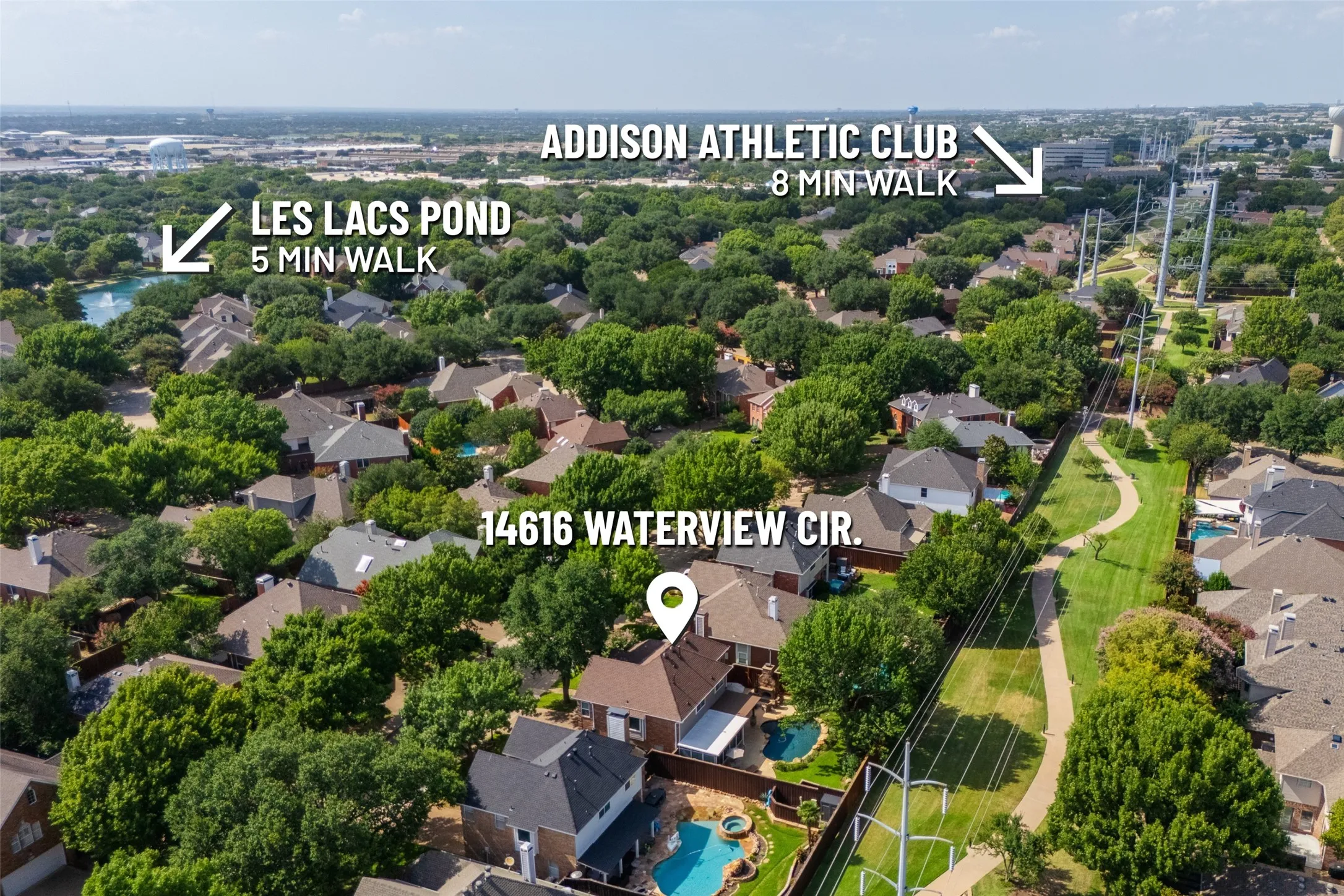 Aerial view highlighting the home's prime location — just a 5-minute walk to Les Lacs Pond and an 8-minute walk to the Addison Athletic Club.