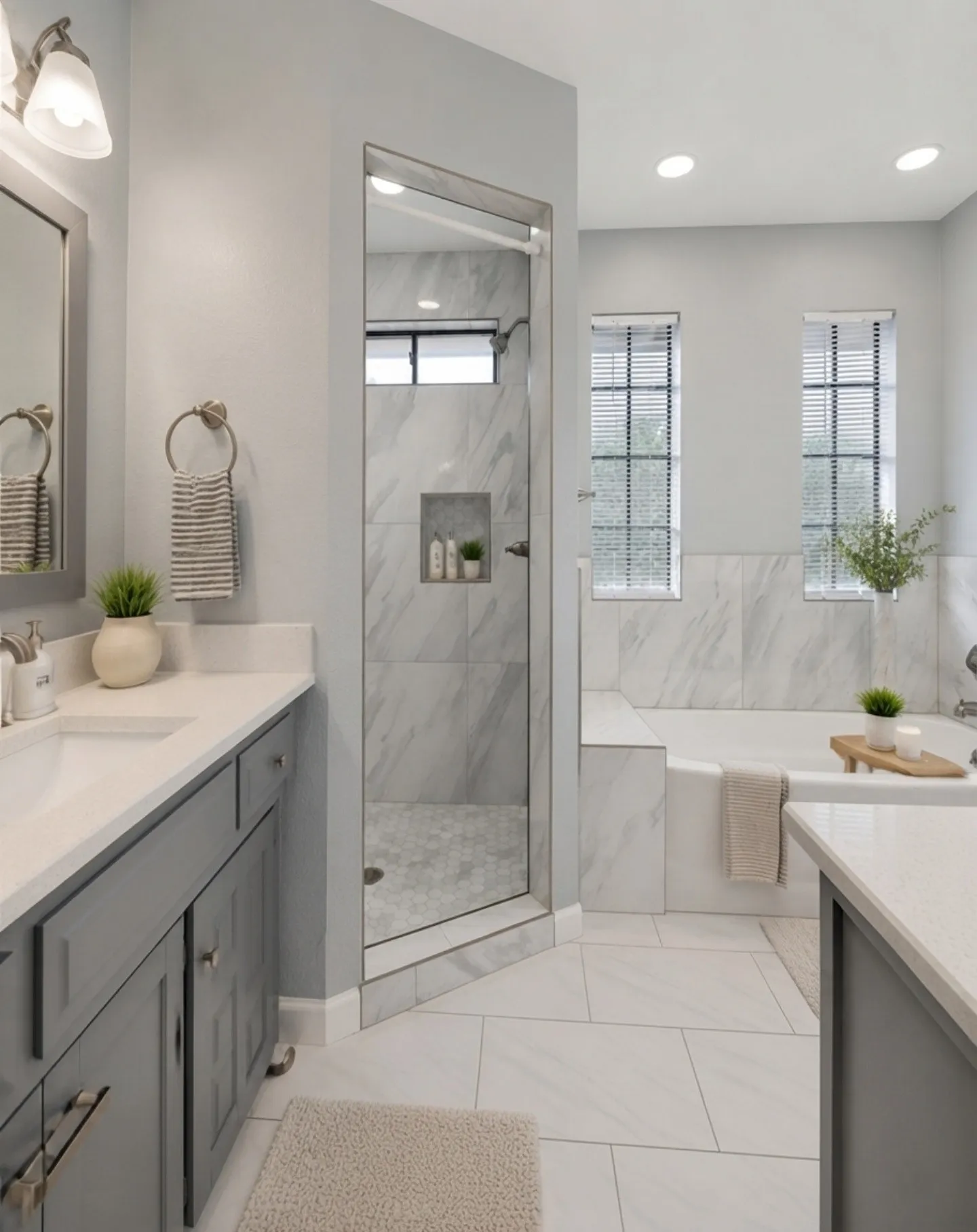 This beautifully appointed primary full bathroom offers a spacious, well-designed layout that enhances the comfort of the adjoining suite. The dual-sink vanity provides ample counter space and everyday convenience, while the separate glass-enclosed shower with a built-in cubbyhole and the dedicated bathtub create a luxurious, spa-like experience. A private water closet adds both functionality and privacy, and the ensuite also includes a huge walk-in closet, offering exceptional storage and organization. With its cohesive finishes, bright natural light, and thoughtful design, this primary bathroom delivers both elegance and practical comfort.
