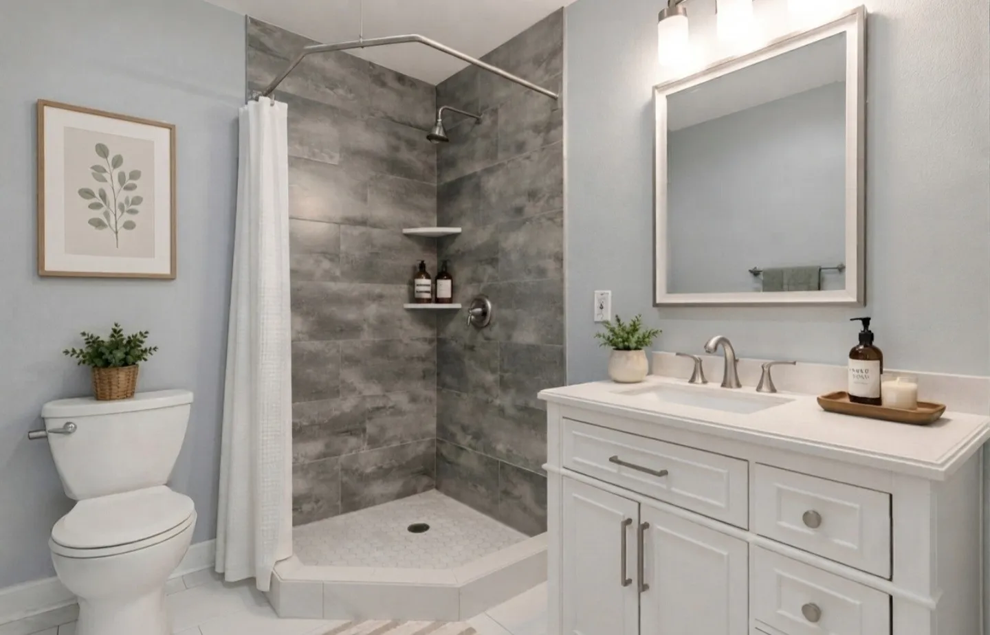 This full bathroom features a sleek walk-in shower with modern tilework and convenient corner shelves, creating a clean and functional space. The white vanity with brushed-nickel fixtures and a framed mirror adds a fresh, contemporary touch, while the neutral walls and bright lighting keep the room feeling open and inviting. The layout includes a well-placed toilet and spacious shower area, offering everyday practicality with stylish finishes. This bathroom is thoughtfully designed, providing comfort, convenience, and a polished modern look.