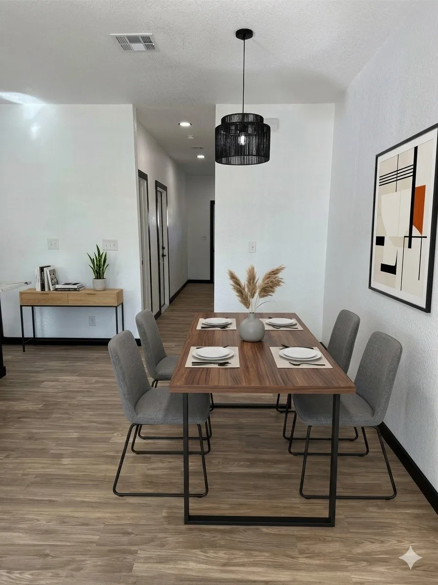 Wood-finish flooring, recessed lighting, and a contemporary pendant light fixture
