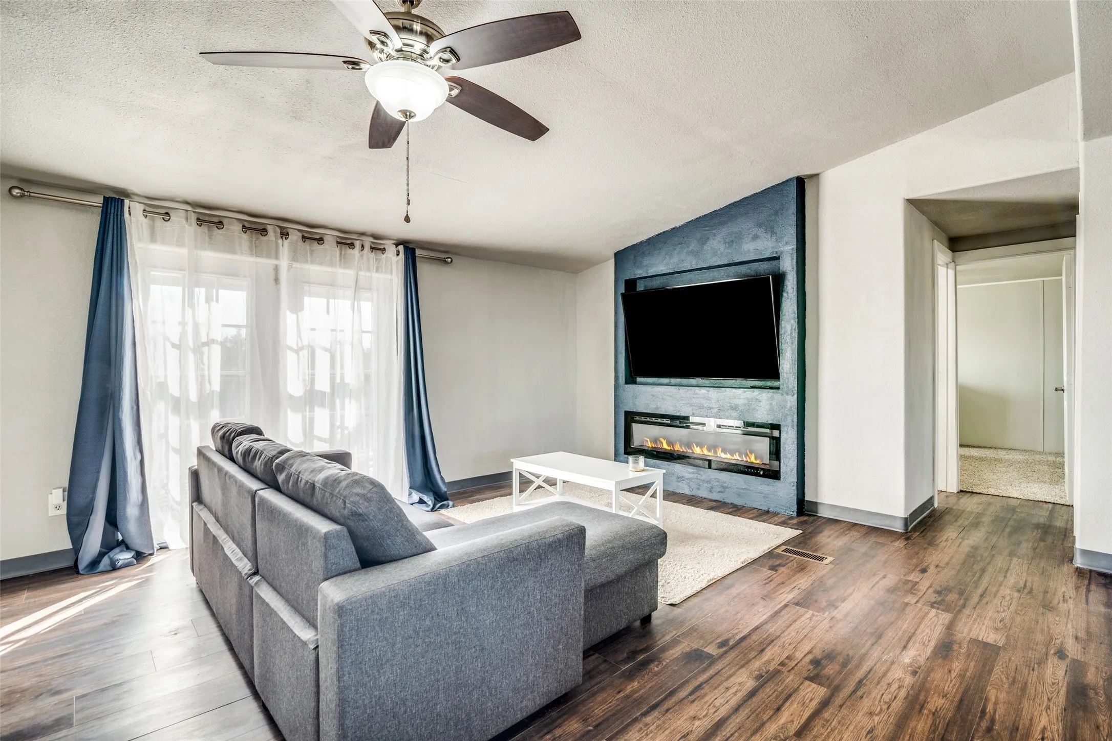 Living room with built in fireplace.