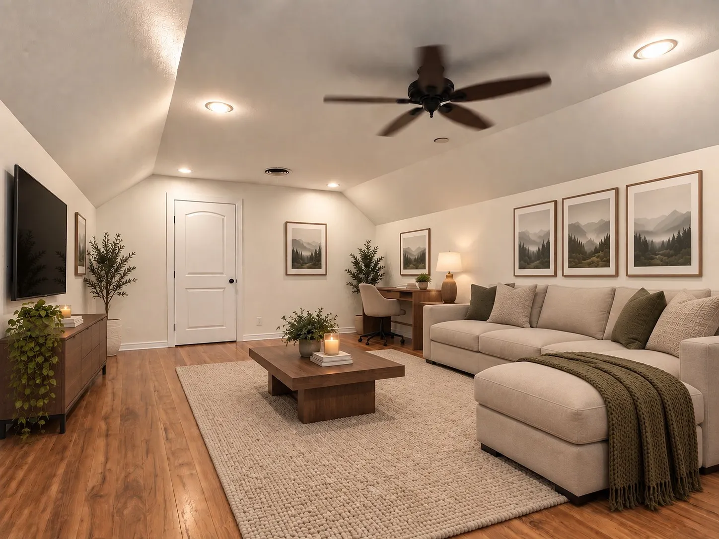 Vaulted ceiling with recessed lighting and a ceiling fan