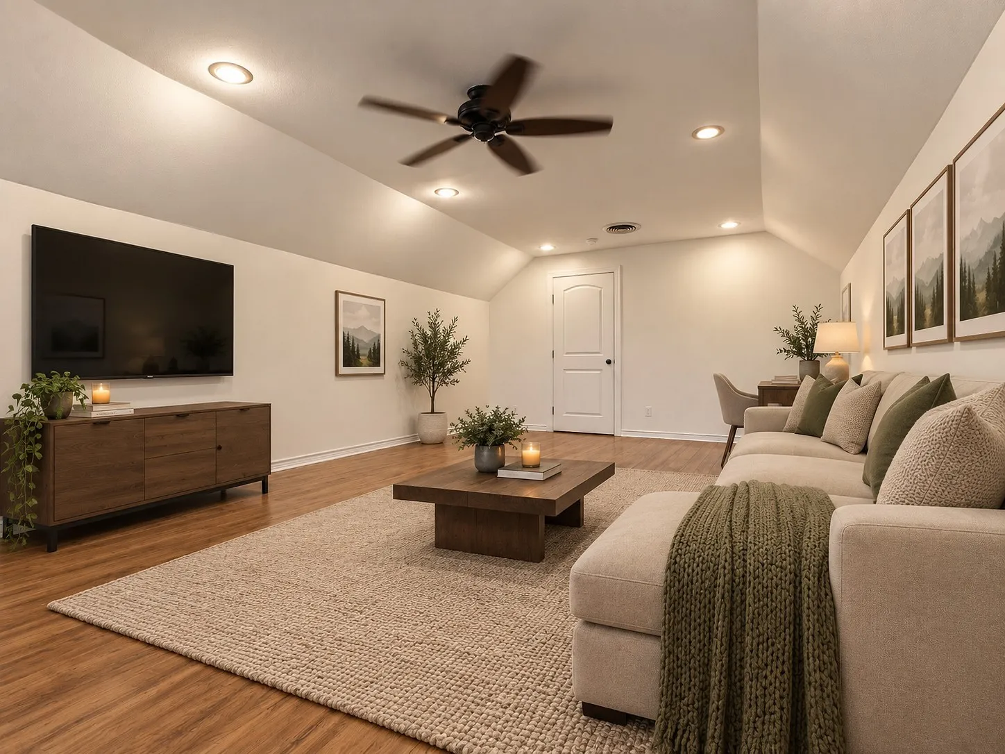 Wood-finish flooring, recessed lighting, ceiling fan, vaulted ceiling, and a paneled interior door