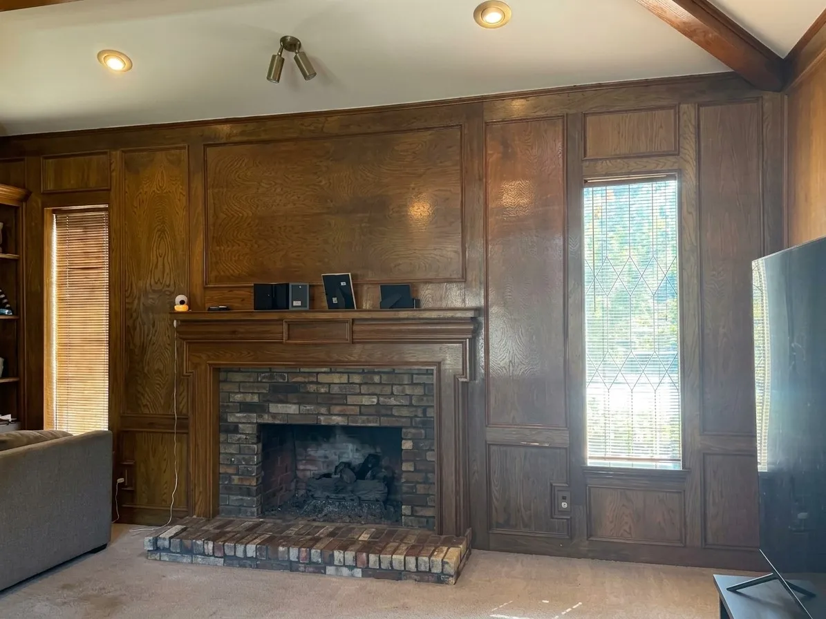 Living room with gas log fireplace and wood paneling
