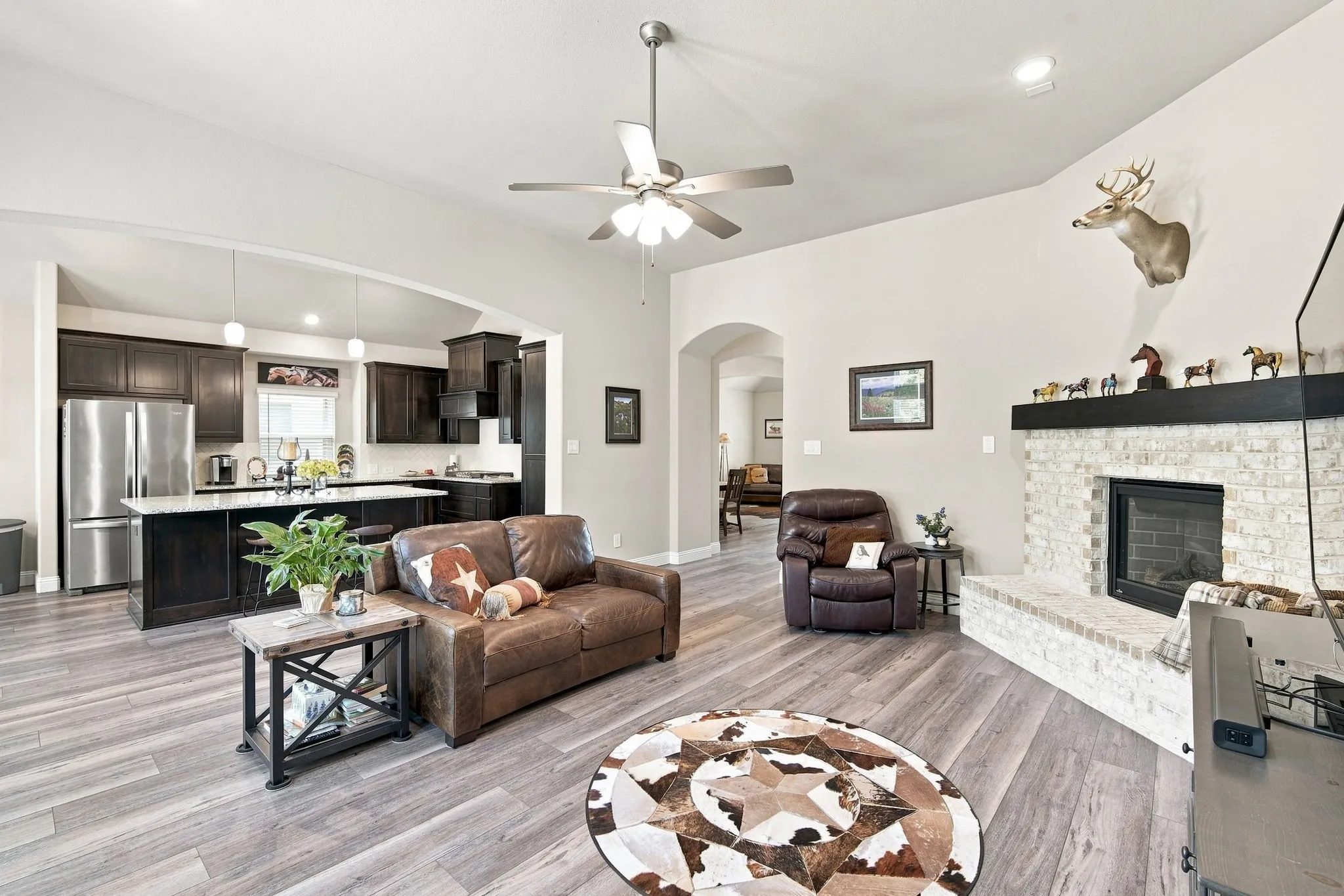 Great room with gas fireplace and hearth bench seating