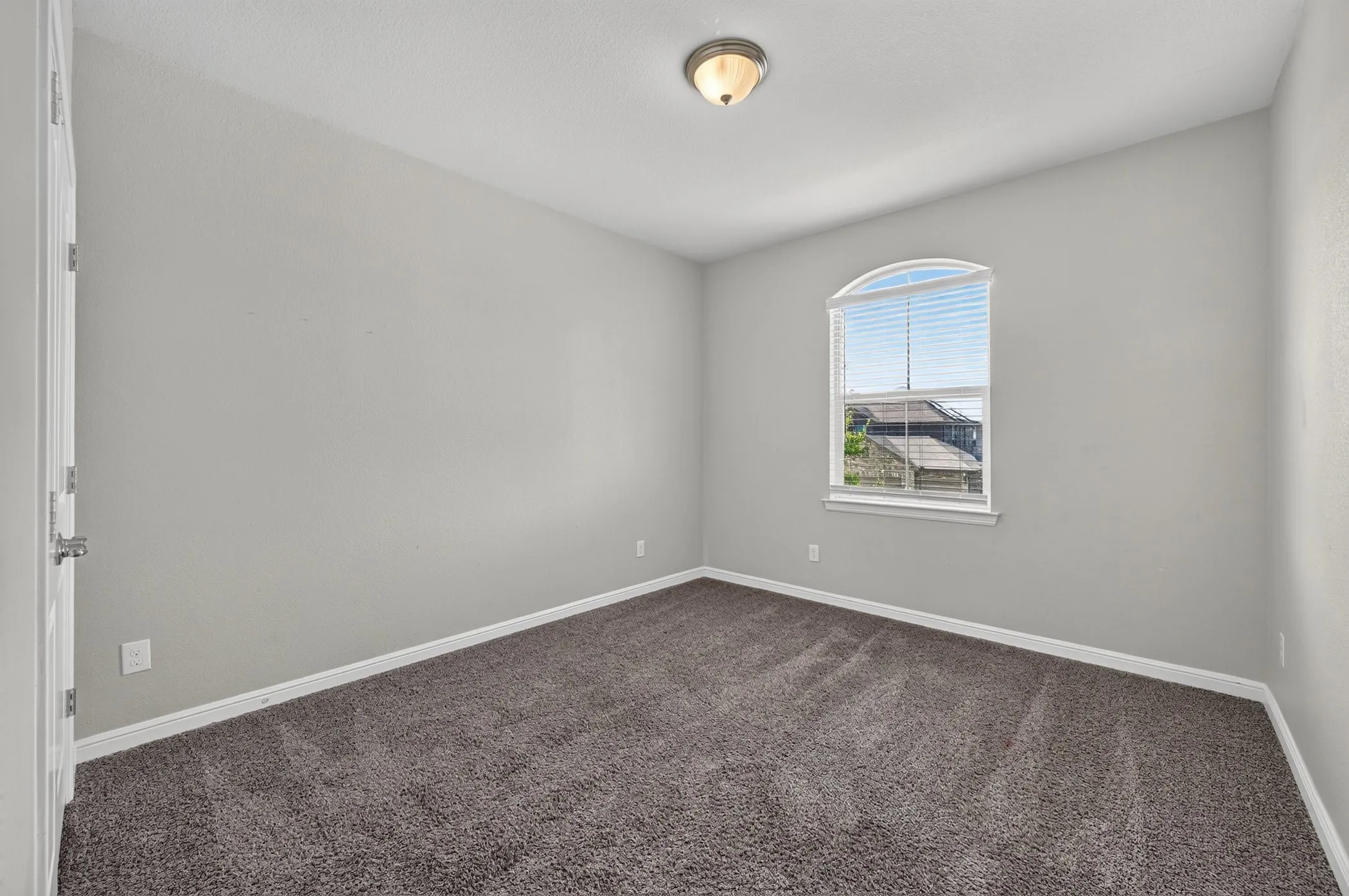 Arched window with blinds, wall-to-wall carpeting, light-toned walls, and a ceiling-mounted light fixture