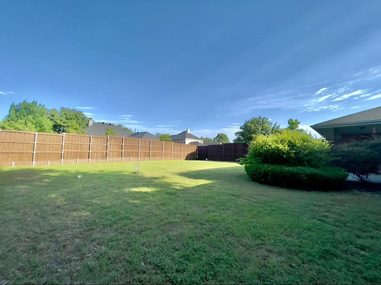 Expansive grass lawn with a wood-panel fence and established shrubbery