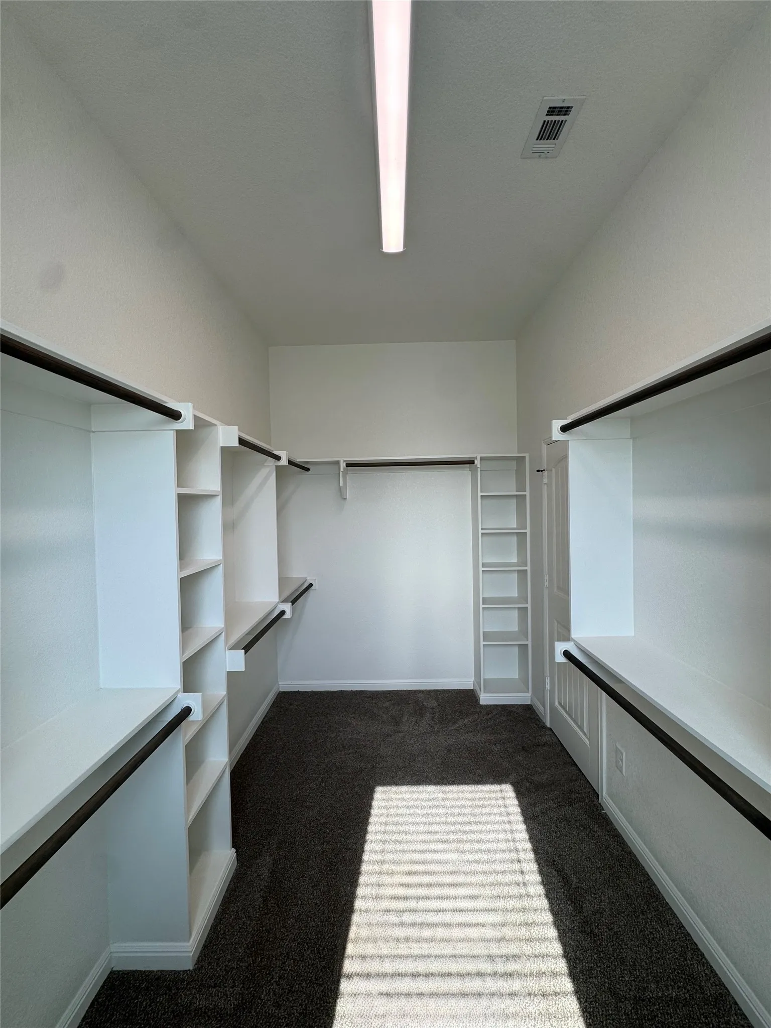 Expansive walk-in closet featuring built-in shelving, integrated hanging rods, white walls, dark carpet flooring, and a flush-mount ceiling light