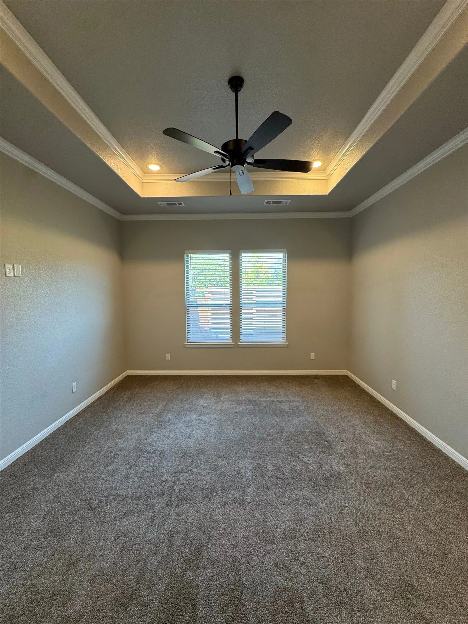 Tray ceiling with crown molding and recessed lighting