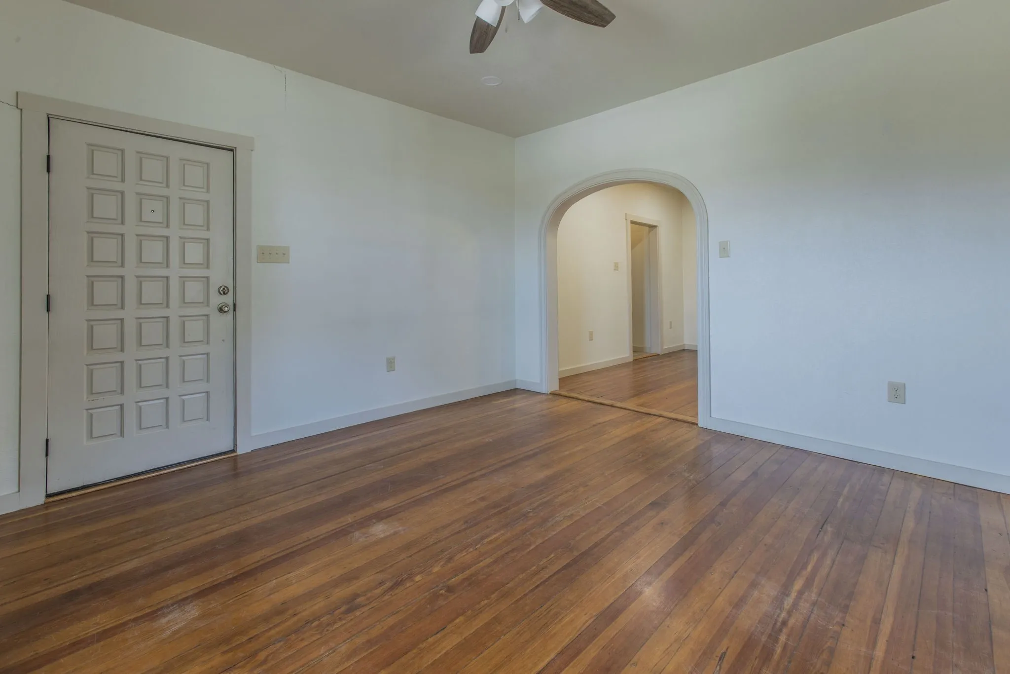 Interior space featuring wood-finish flooring, white walls, and a decorative panel door