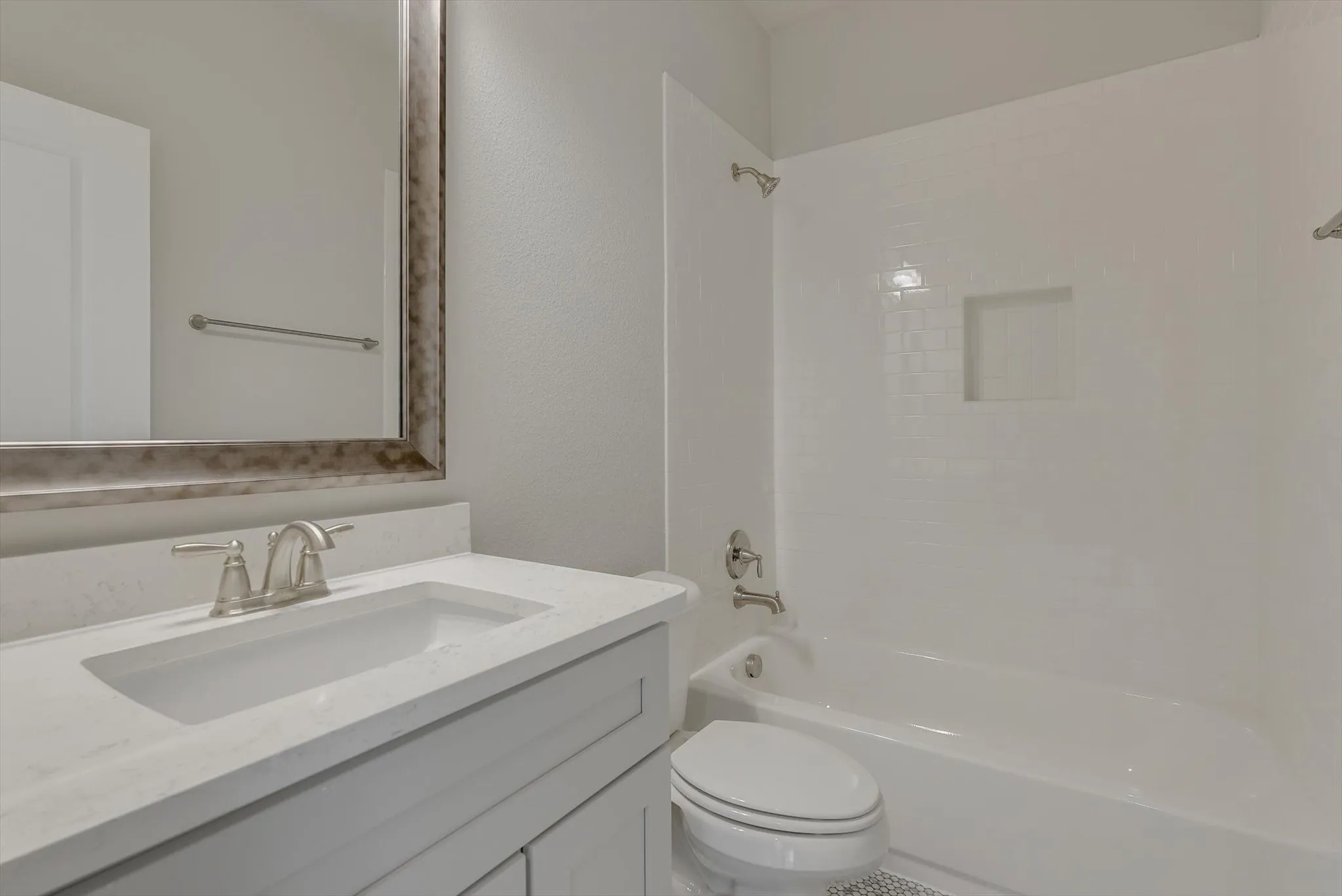 Vanity with integrated sink and quartz countertop
