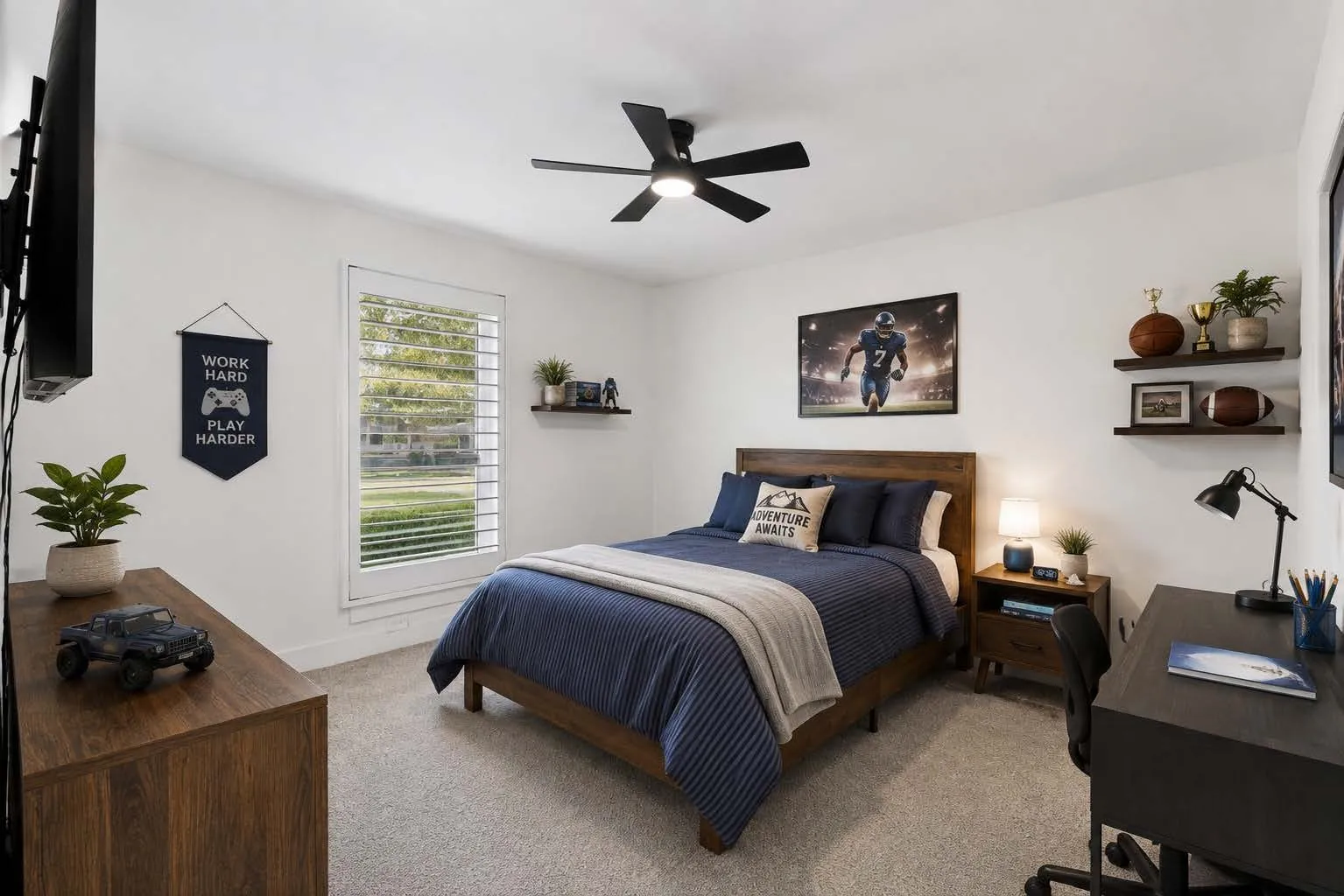 Recessed lighting, ceiling fan, white wall finishes, wood-finish flooring, and window shutters