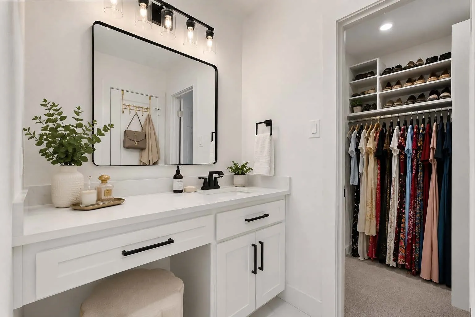 Vanity with white cabinetry, built-in dressing area, and a rectangular mirror