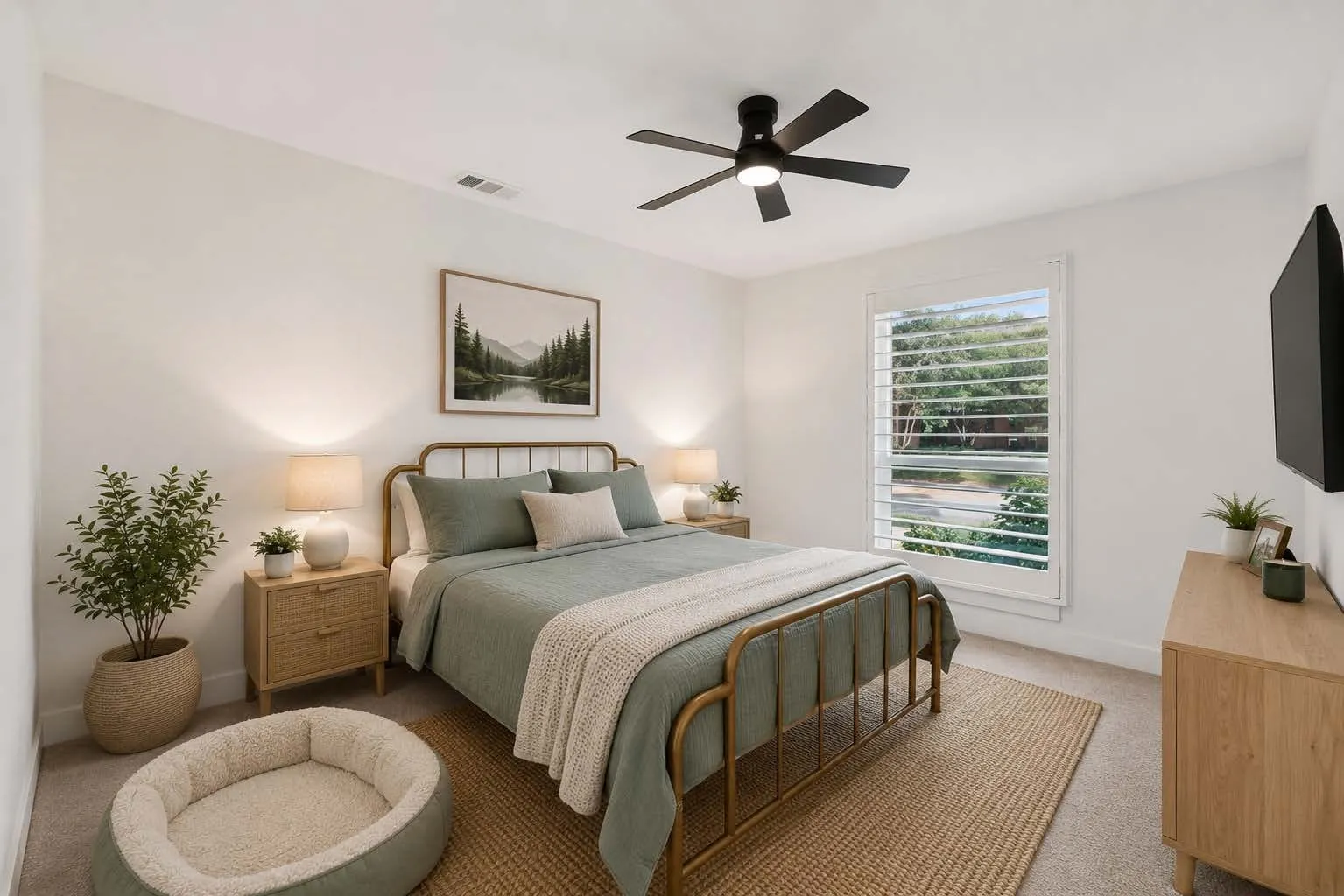 Recessed lighting, ceiling fan with integrated lighting, white plantation shutters, and light-toned carpeting