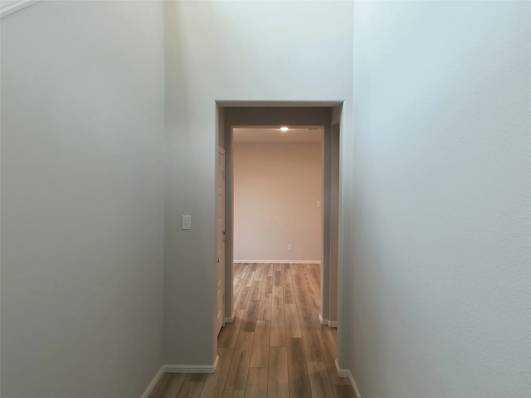 Hallway featuring wood-finish flooring, light grey painted walls, and an arched doorway