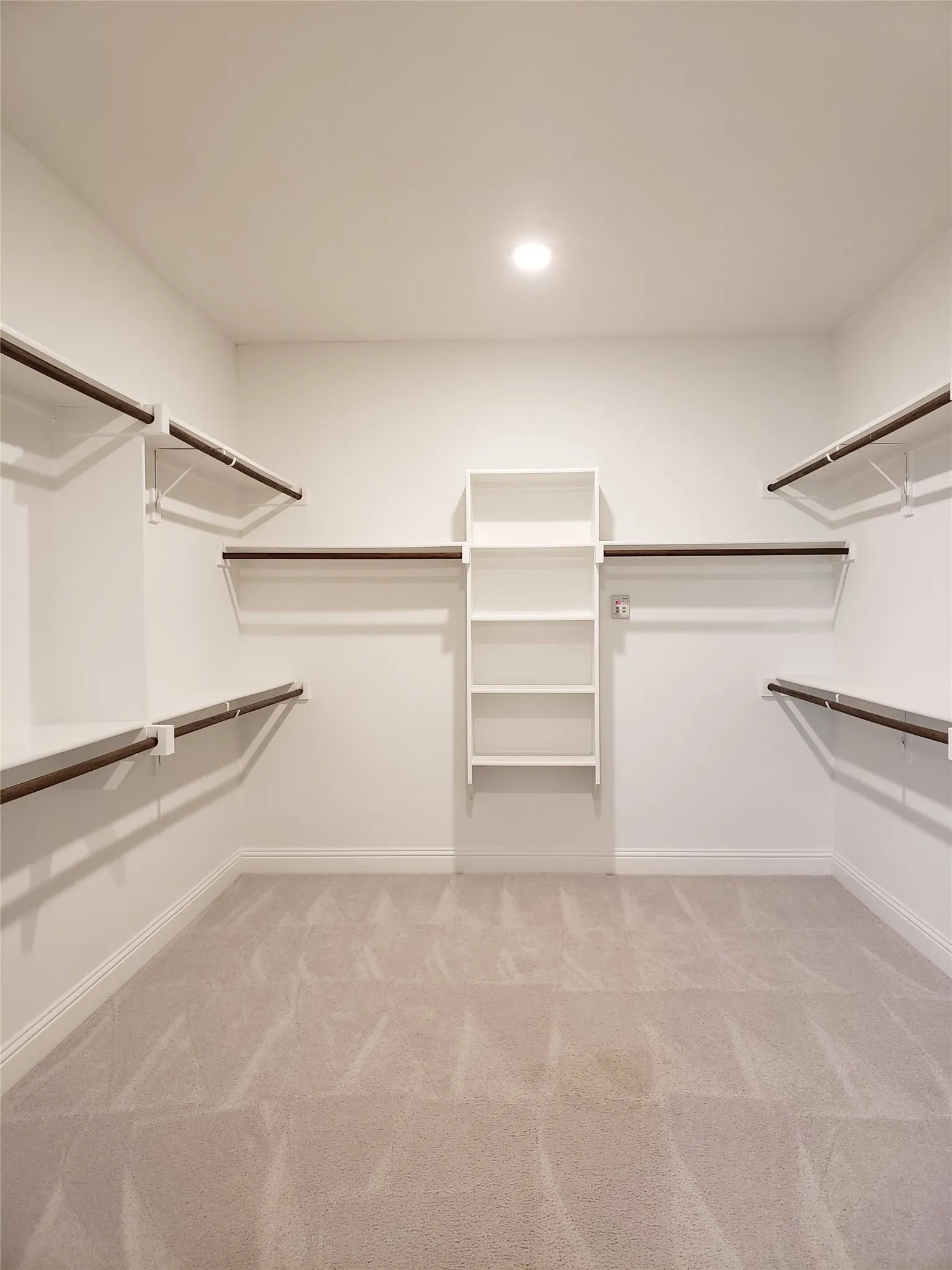 Primary Bedroom with Spacious walk-in closet featuring light-toned carpeting, ample built-in shelving, and multiple hanging rods