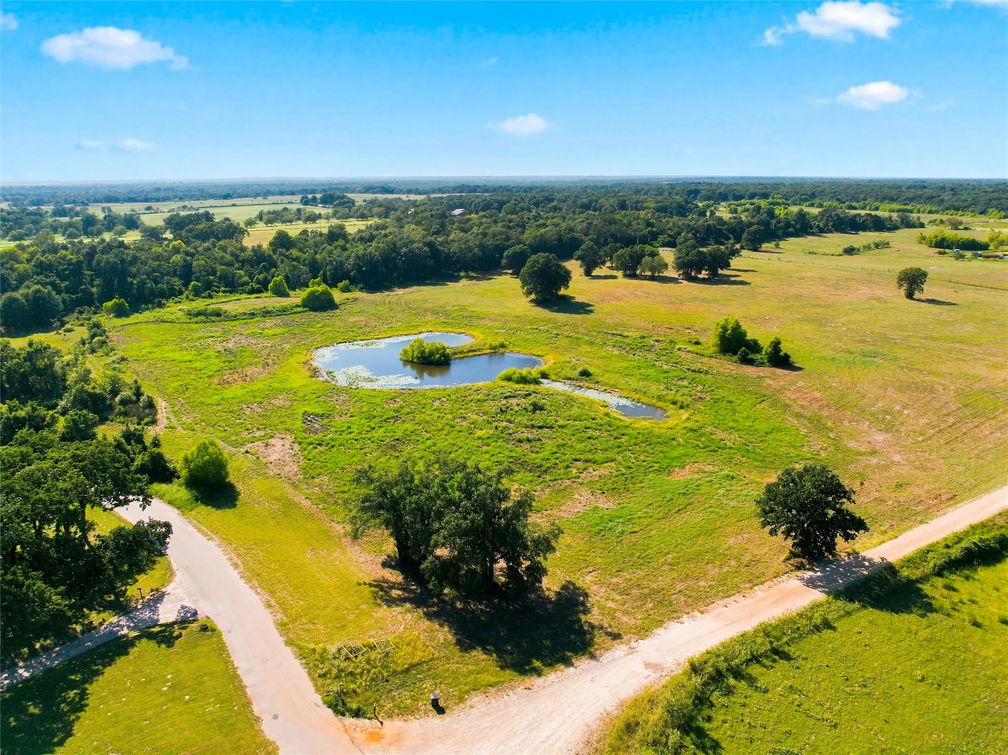 Expansive rural landscape featuring multiple ponds, scattered mature trees, and unpaved access roads