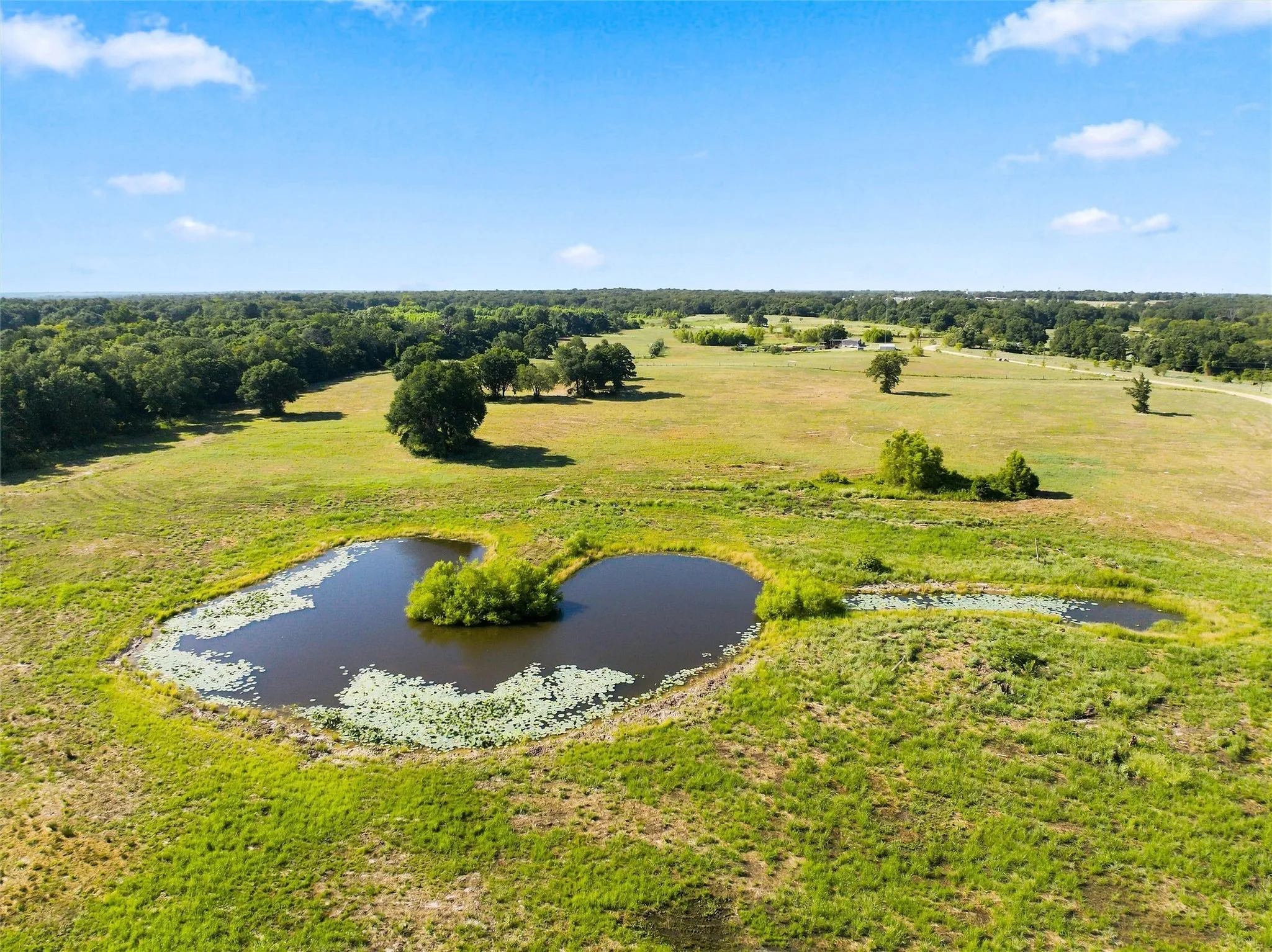 Expansive land featuring a natural pond with an island, additional water features, and scattered mature trees