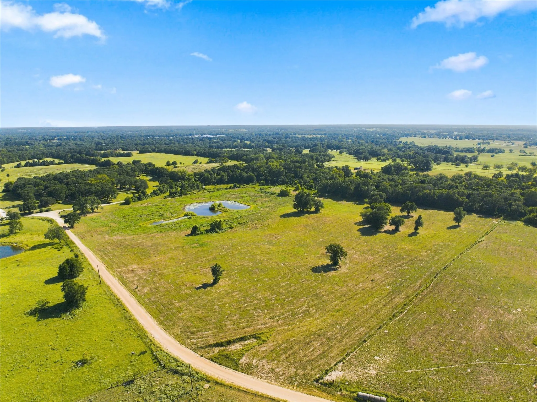Expansive acreage featuring multiple ponds, mature trees, and a dirt road