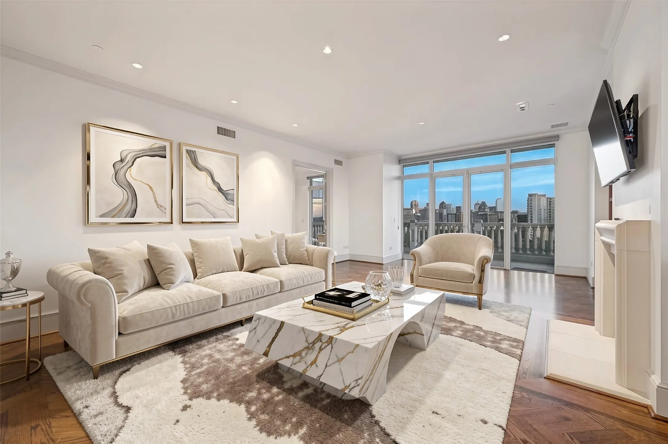View from corner of living room to spacious exterior balcony (virtually staged)