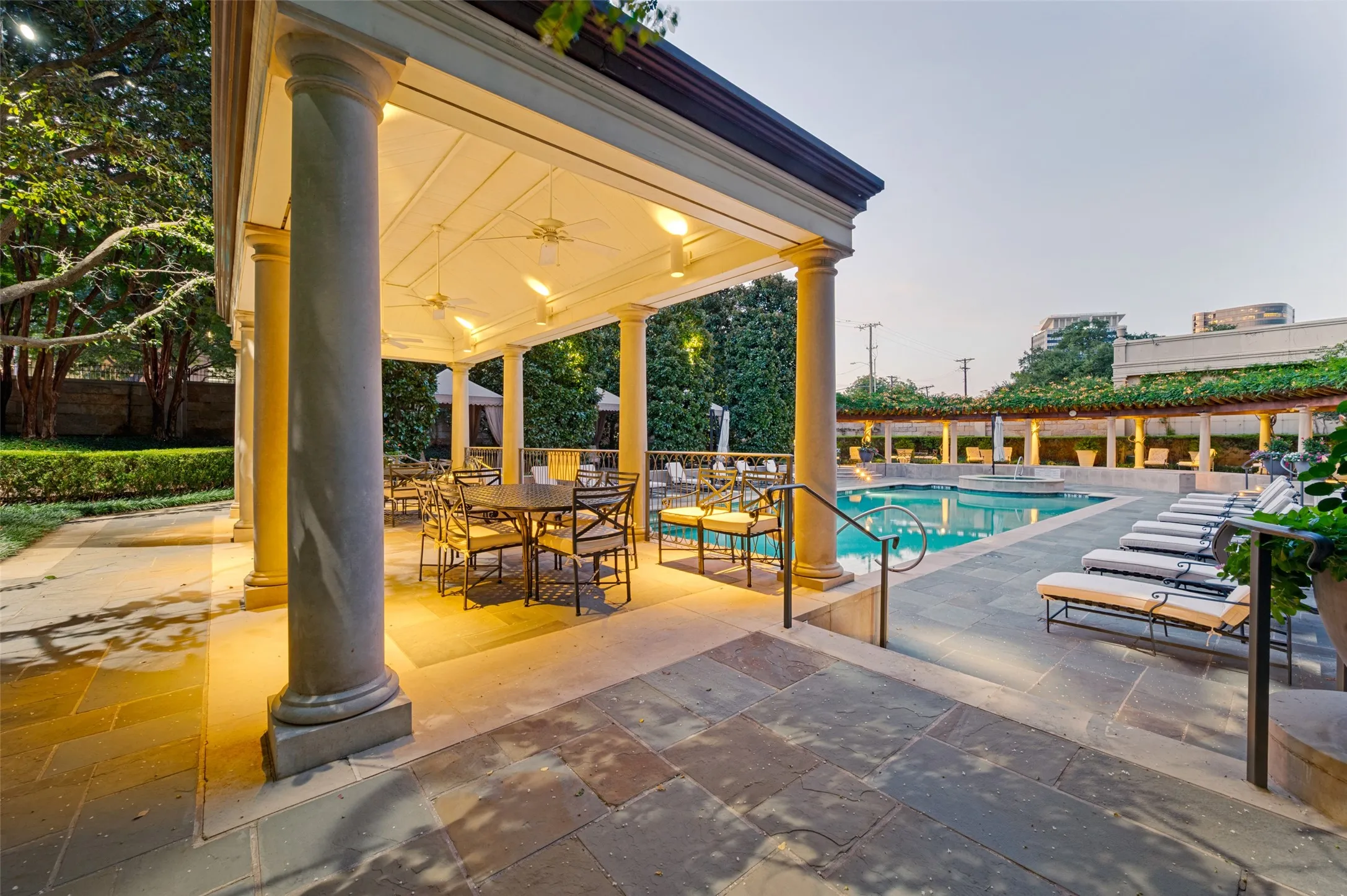 Swimming pool at The Vendome at twilight