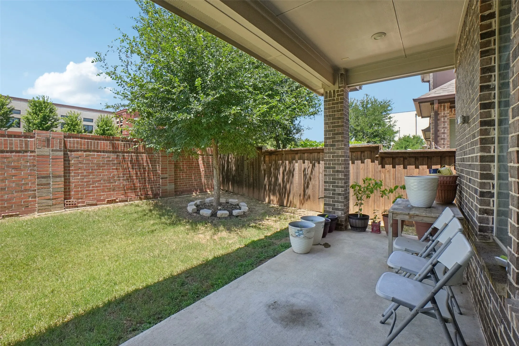 Fenced backyard with a patio area