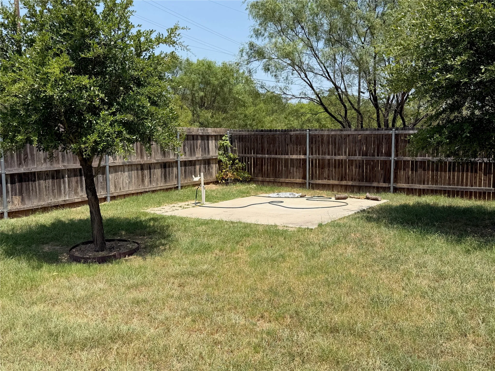 Spacious backyard featuring a wood fence, mature tree, and a concrete pad