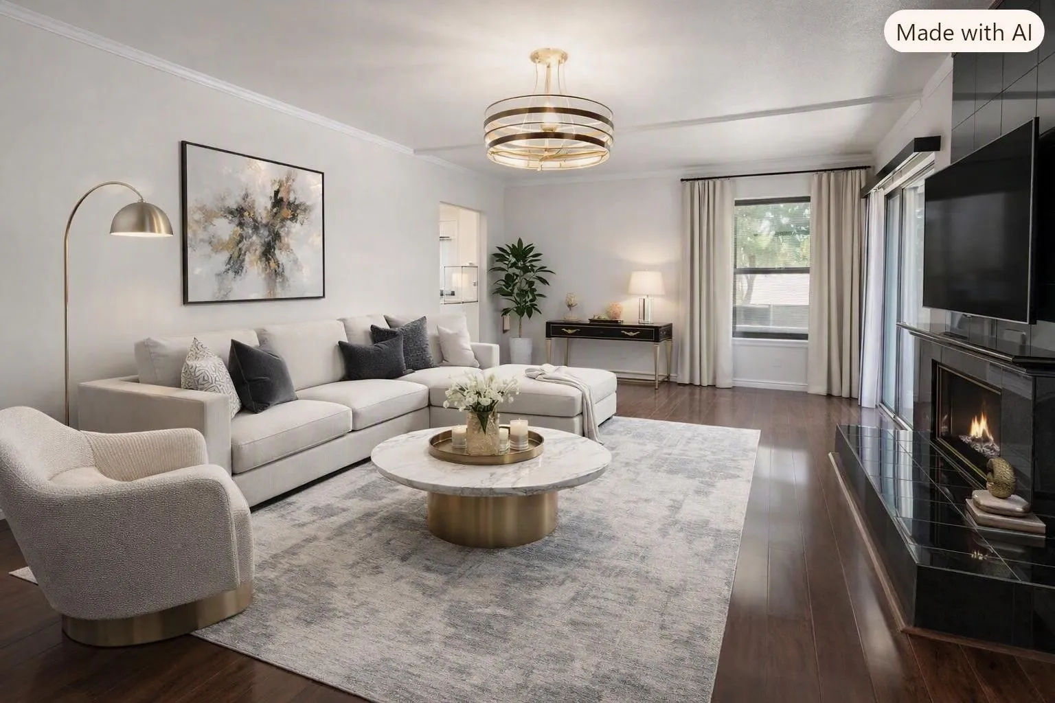 Virtually Staged. Dark wood-finish flooring, a black tiled fireplace, and a contemporary chandelier