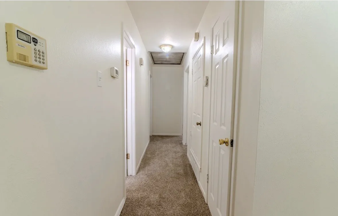 Carpeted hallway with white interior doors, a security panel, and a ceiling-mounted light fixture
