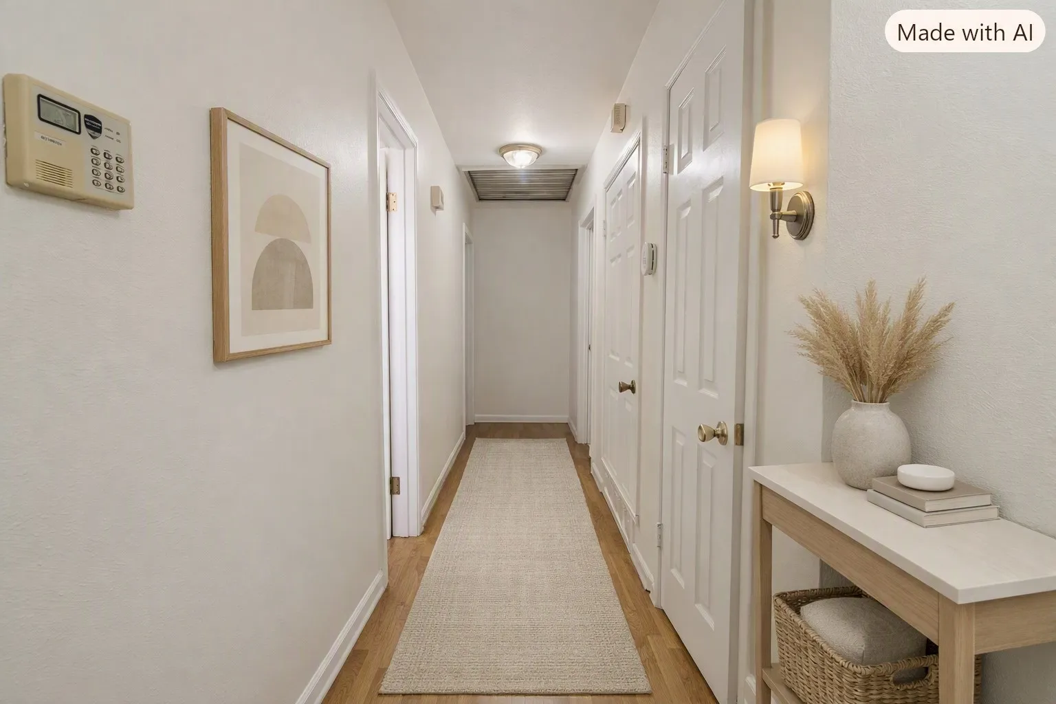 Virtual Staging. Hardwood-style flooring throughout a well-lit hallway with multiple paneled doors and a ceiling-mounted light fixture