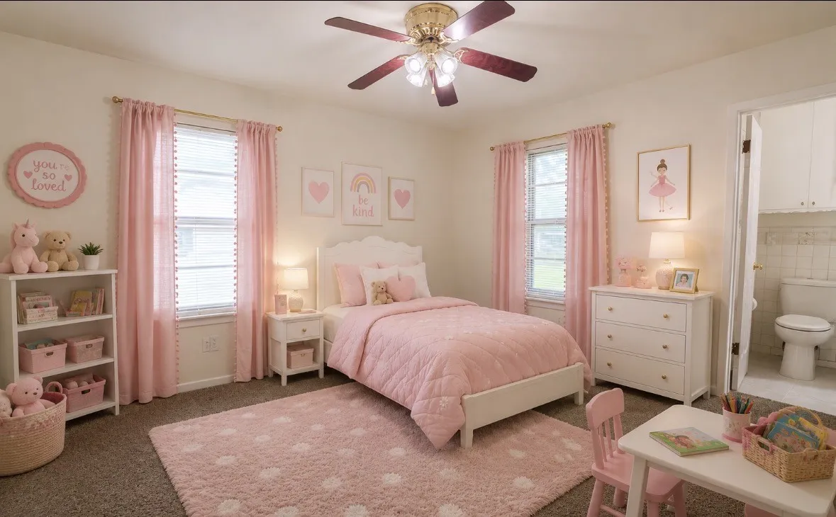 Virtually Staged. Carpeted room with a ceiling fan.
