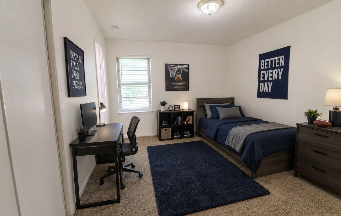 Virtually Staged. Neutral wall paint, window with blinds, overhead flush mount light fixture, and carpeted flooring