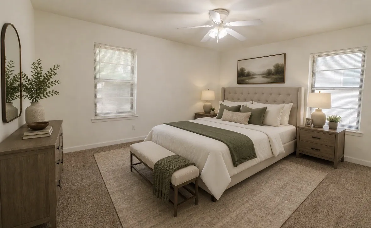 Virtually staged. Ceiling fan, wall-to-wall carpeting, two windows, and a built-in wall mirror
