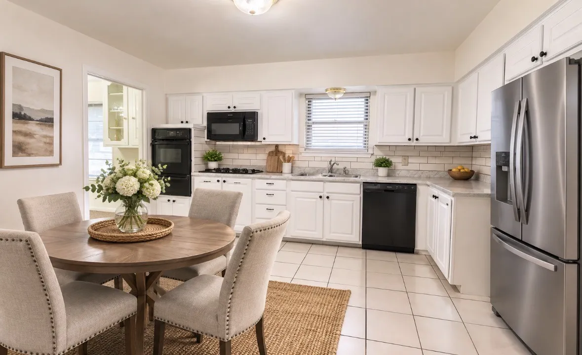 Virtually staged. White shaker-style cabinetry, stainless steel refrigerator, built-in double oven, subway tile backsplash, and light-toned tile flooring