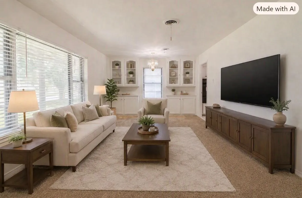 Virtually staged. Spacious living area featuring large windows, neutral-toned wall paint, recessed built-in shelving, and carpeted flooring