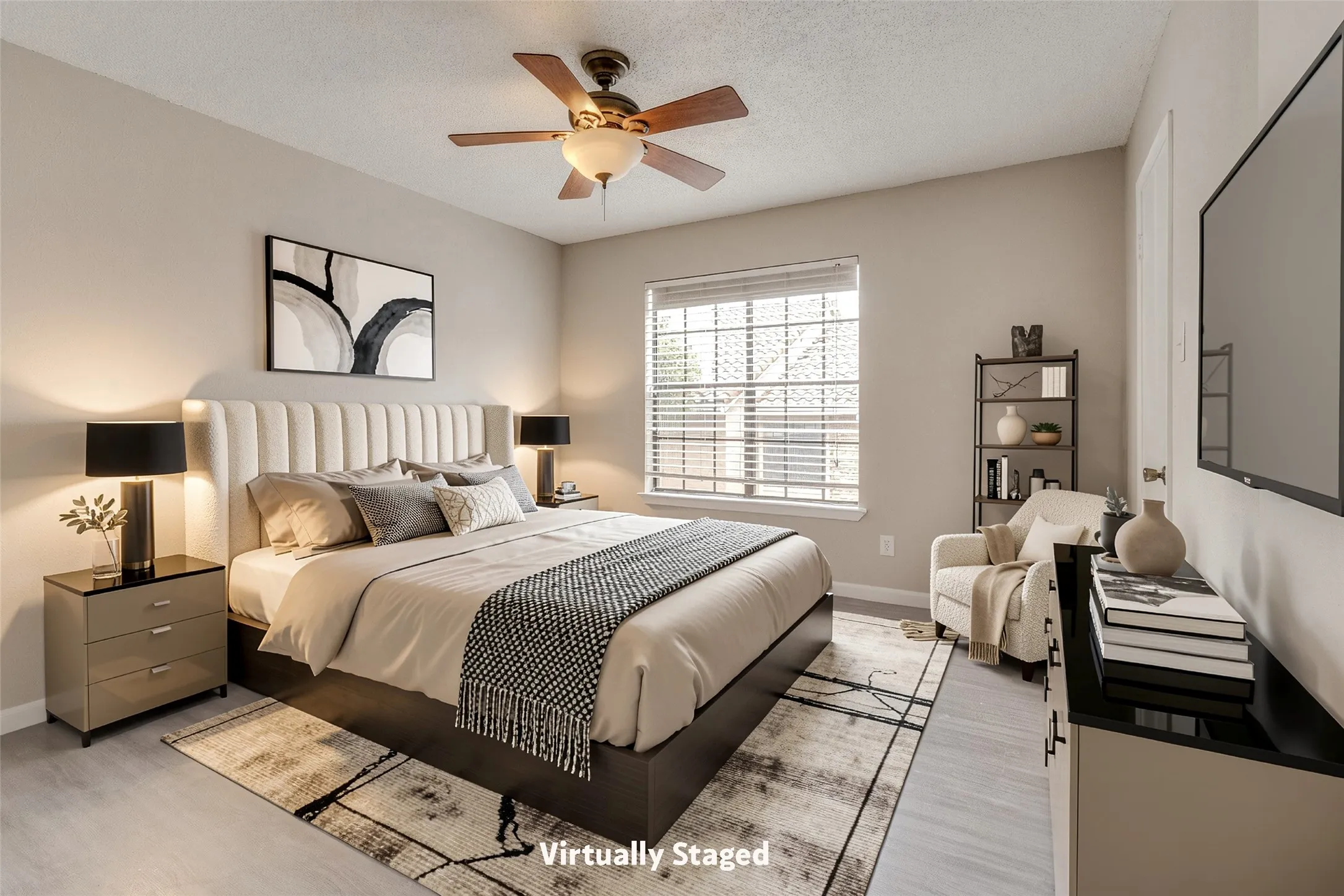 Neutral-toned walls complement the wood-finish flooring